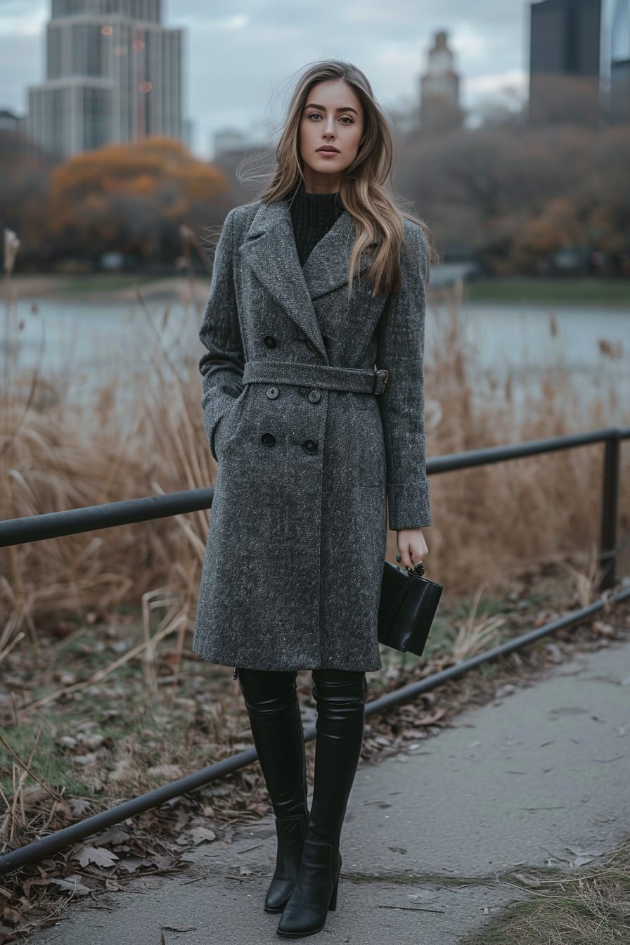  A full-length image of a stylish young woman with straight, shoulder-length blonde hair, wearing charcoal leggings, black leather ankle boots with a modest heel, and a long gray wool coat. Holding a small black clutch. City park background, overcast afternoon.
