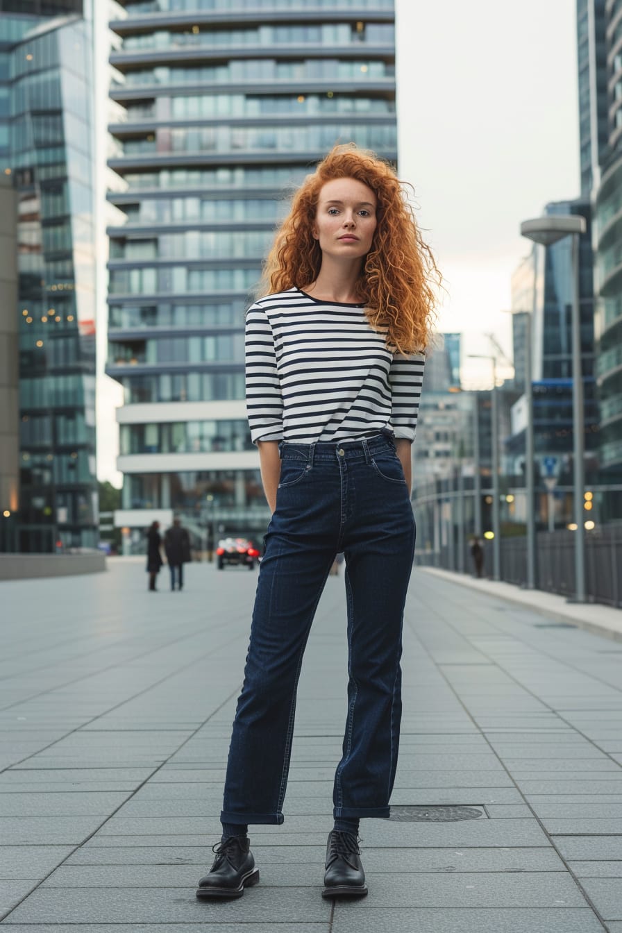  A full-length image of a young woman with curly red hair, wearing navy blue wide-leg jeans and a striped boat-neck top, standing in a modern city square, early evening.