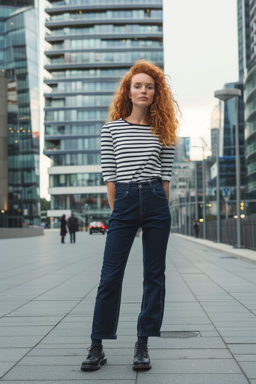 A full-length image of a young woman with curly red hair, wearing navy blue wide-leg jeans and a striped boat-neck top, standing in a modern city square, early evening.