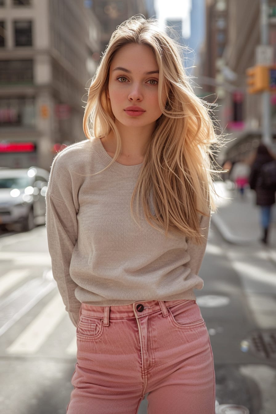 A full-length image of a young woman with sleek blonde hair, wearing pastel pink jeans paired with a light gray cashmere sweater, standing on a bustling city street, morning light.