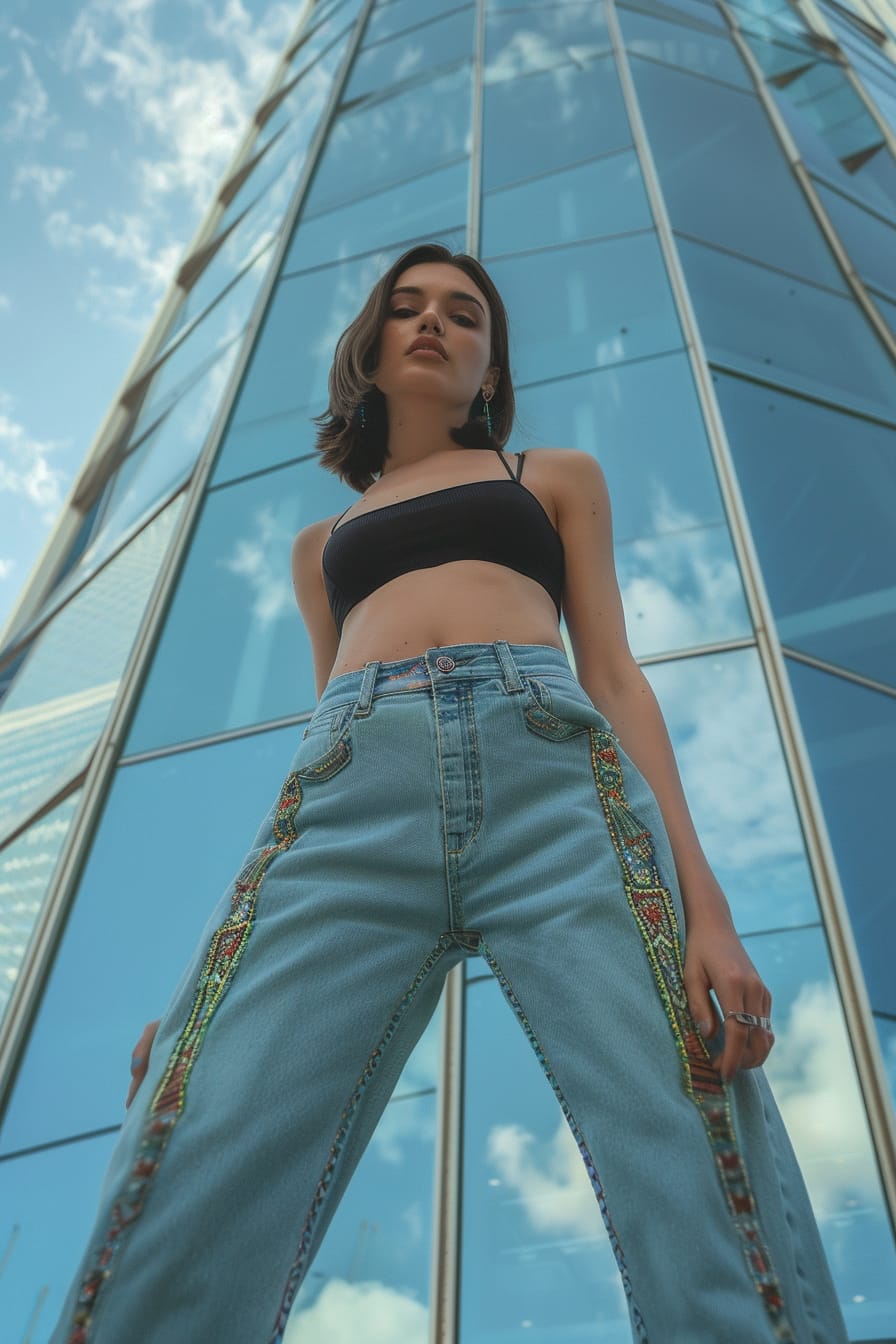 A full-length image of a young woman with short black hair, wearing light blue jeans adorned with colorful embroidery down the legs, paired with a simple black tank top, standing in front of a steel-and-glass building, midday.