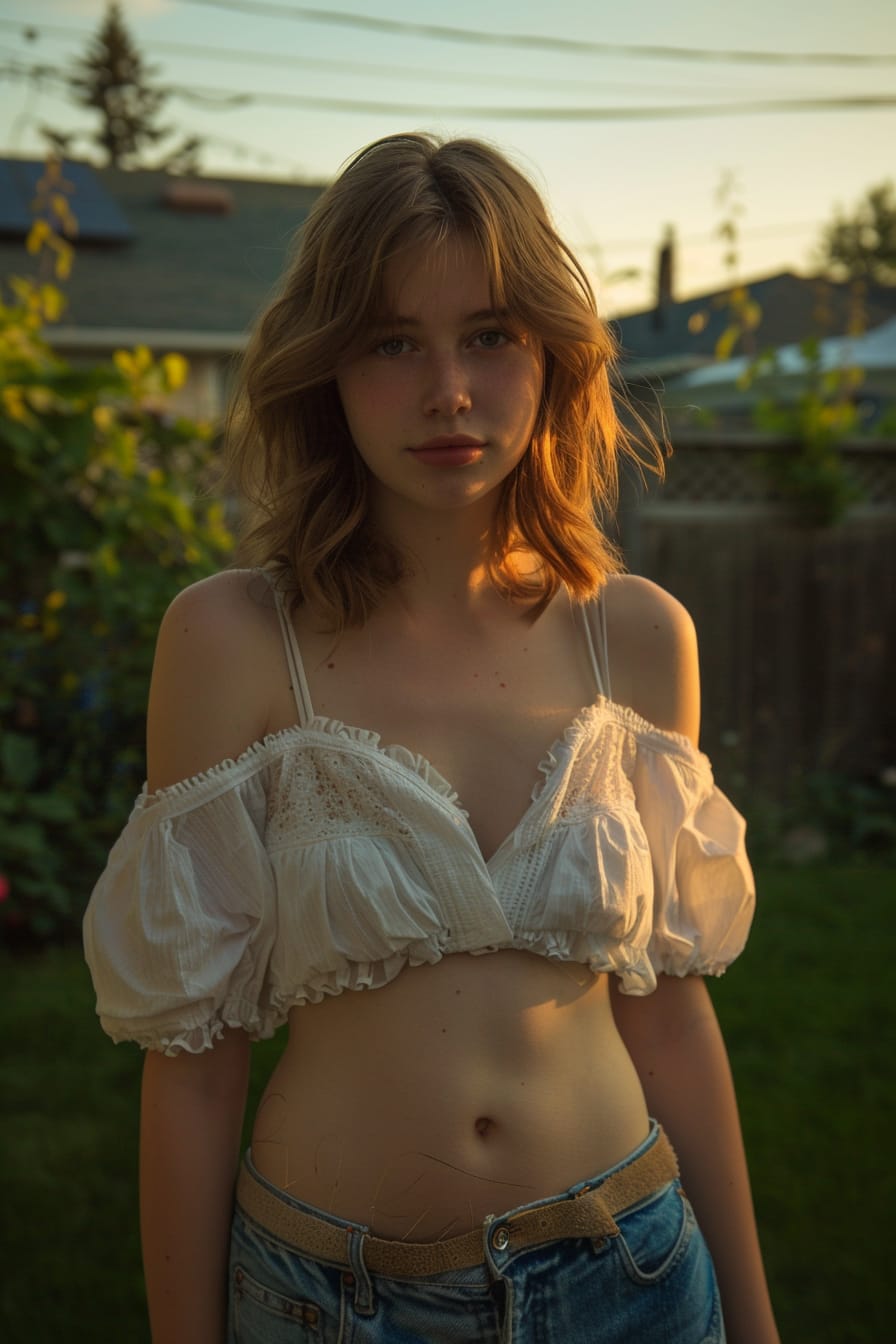  A full-length image of a young woman with shoulder-length light brown hair, wearing denim shorts, a white blouse, and espadrilles, standing in a green backyard, early evening.