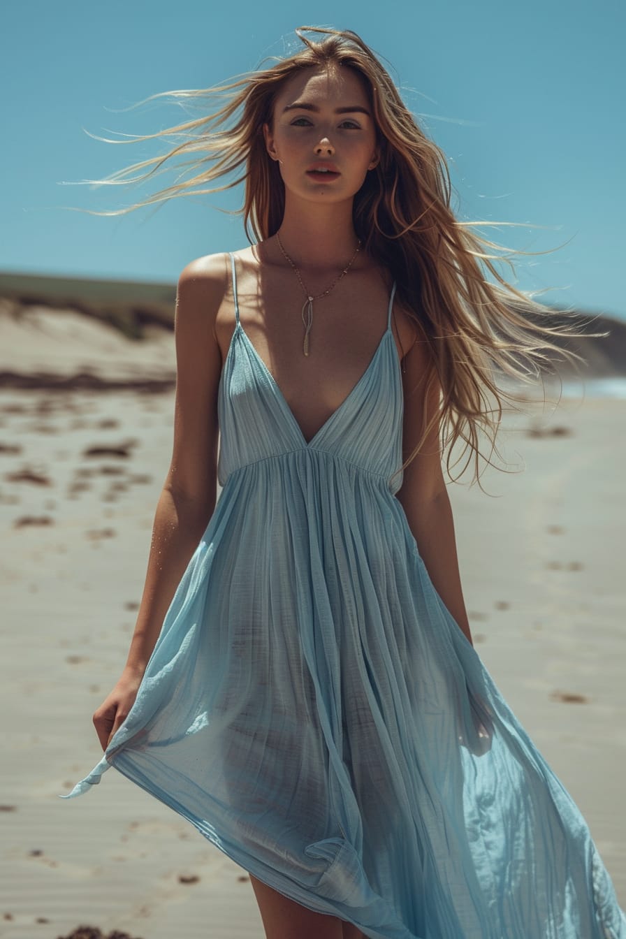  A full-length image of a young woman with sun-kissed blonde hair, wearing a light blue maxi dress, walking on a sandy beach, clear blue sky in the background, midday.
