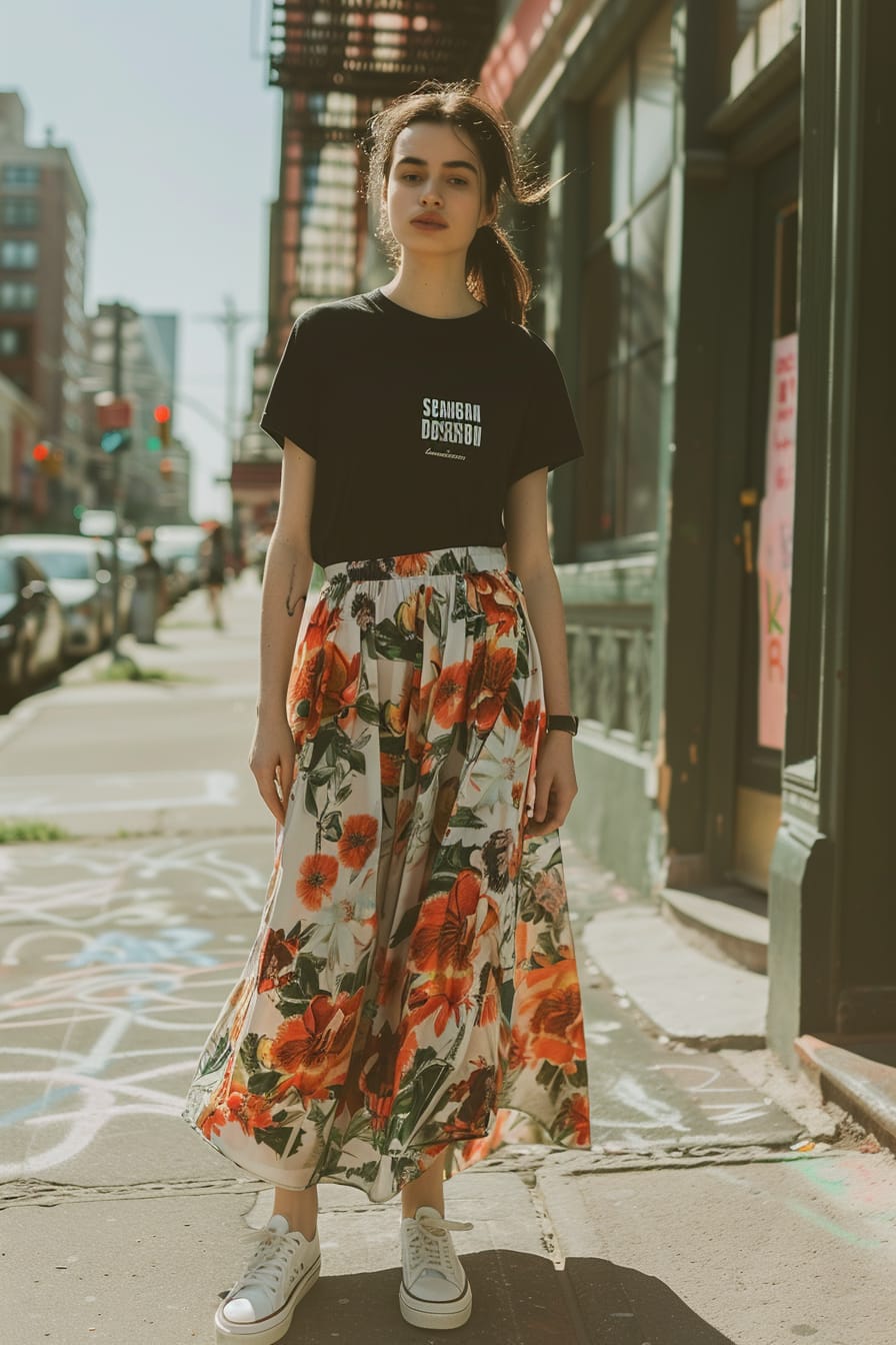  A full-length image of a young woman with dark hair in a ponytail, wearing a floral midi skirt, a black graphic tee, white sneakers, walking on a city sidewalk, buildings in the background, afternoon.