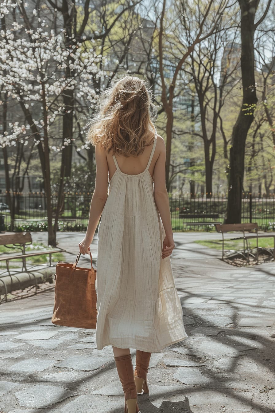 A full-length image of a young woman with wavy blonde hair, holding a tan leather tote bag, wearing a white flowy dress and tan leather ankle boots. She's walking through a city park, midday, with trees beginning to bloom.