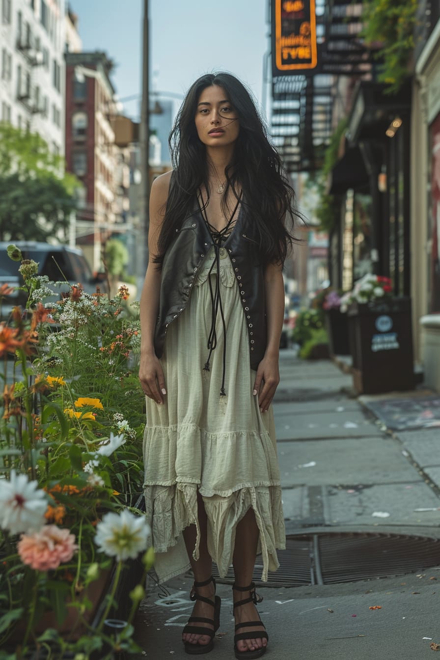 A full-length image of a young woman with long black hair, wearing a lightweight black leather vest over a light green midi dress, with open-toe black leather sandals. She's standing on a city street corner, surrounded by blooming flowers, late morning.