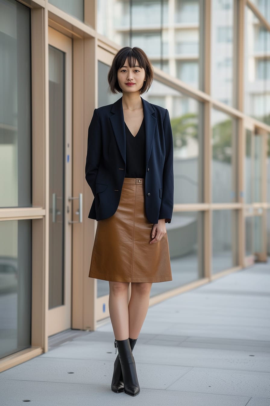 A full-length image of a young woman with short black hair, wearing a midi-length leather skirt in tan, paired with a fitted navy blue blazer, standing in front of a modern office building, morning.