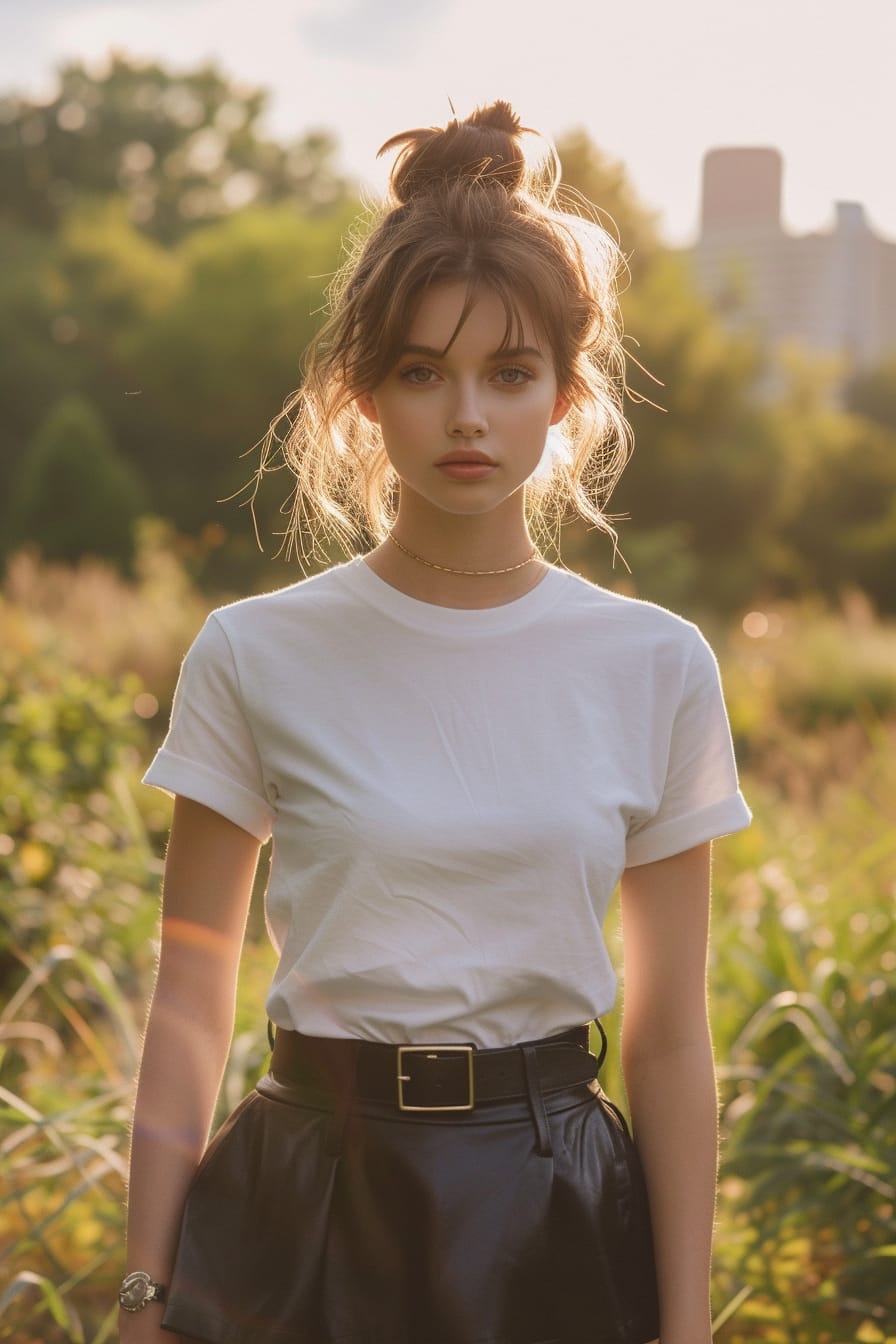 A full-length image of a young woman with light brown hair in a messy bun, wearing a knee-length leather skirt with a casual white t-shirt, strolling through a city park, late morning.