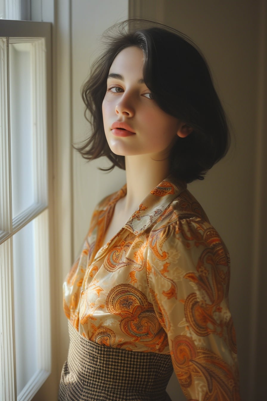  A young woman with sleek black hair, wearing a silk paisley print blouse and a tweed skirt, indoors, natural light from a nearby window.