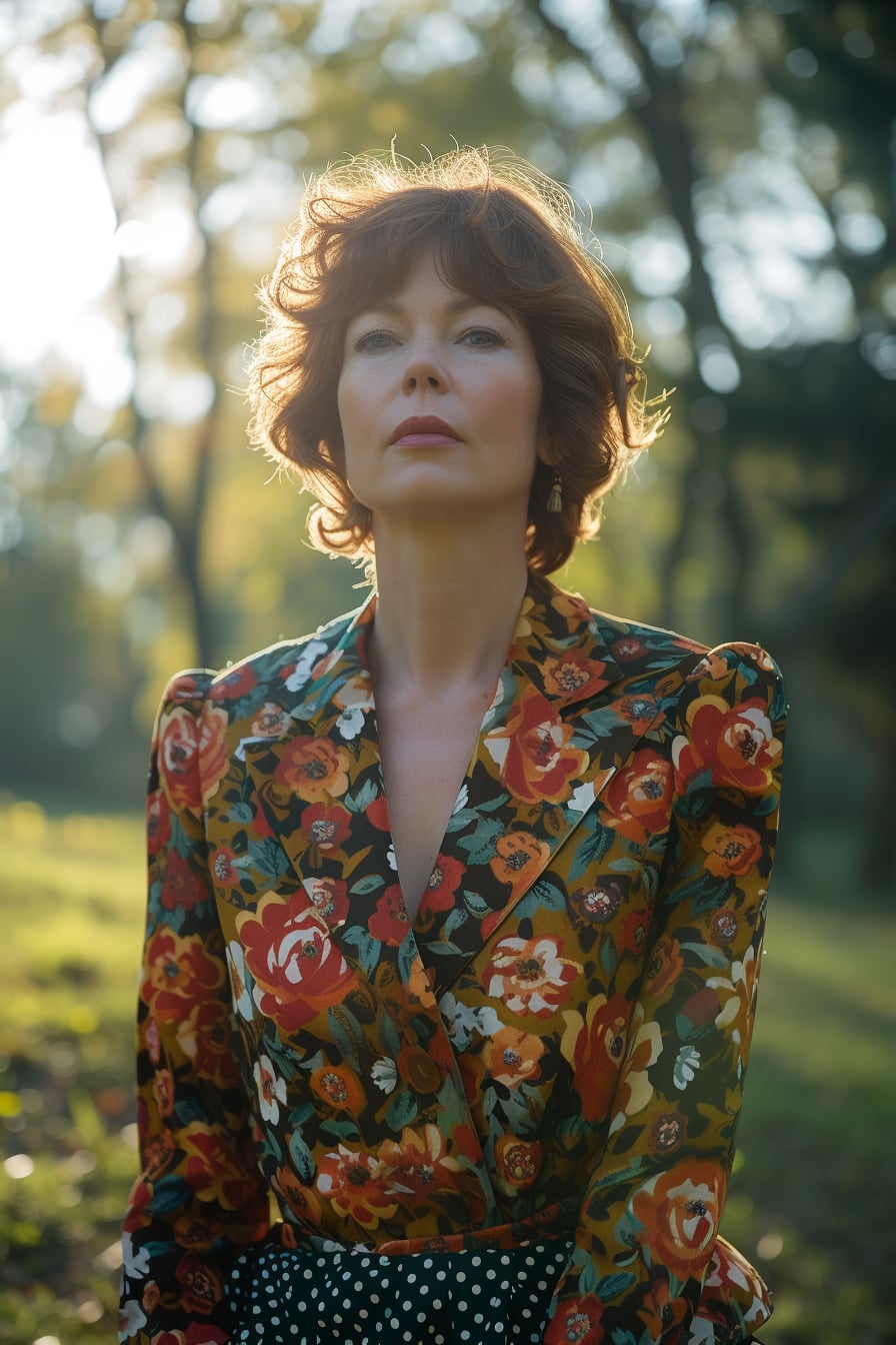  A woman with short brown hair, wearing a large floral print jacket and a small polka dot print skirt, standing in a park, late afternoon sunlight.