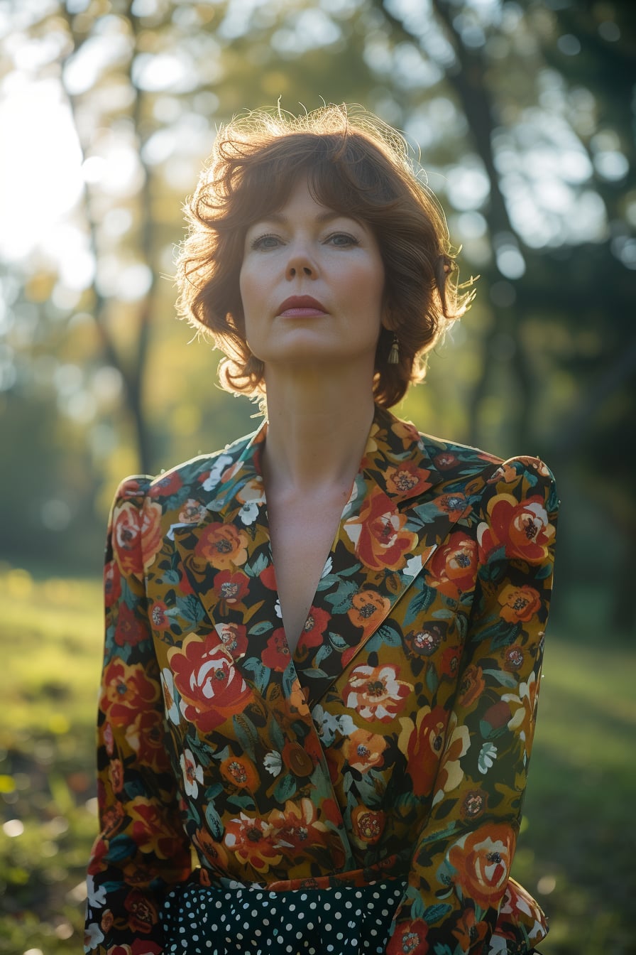 A woman with short brown hair, wearing a large floral print jacket and a small polka dot print skirt, standing in a park, late afternoon sunlight.