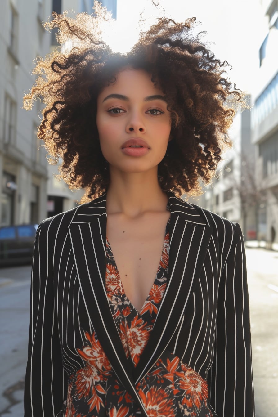  A full-length image of a young woman with curly hair, wearing a striped black and white blazer over a floral print dress, standing on a city street, morning light.