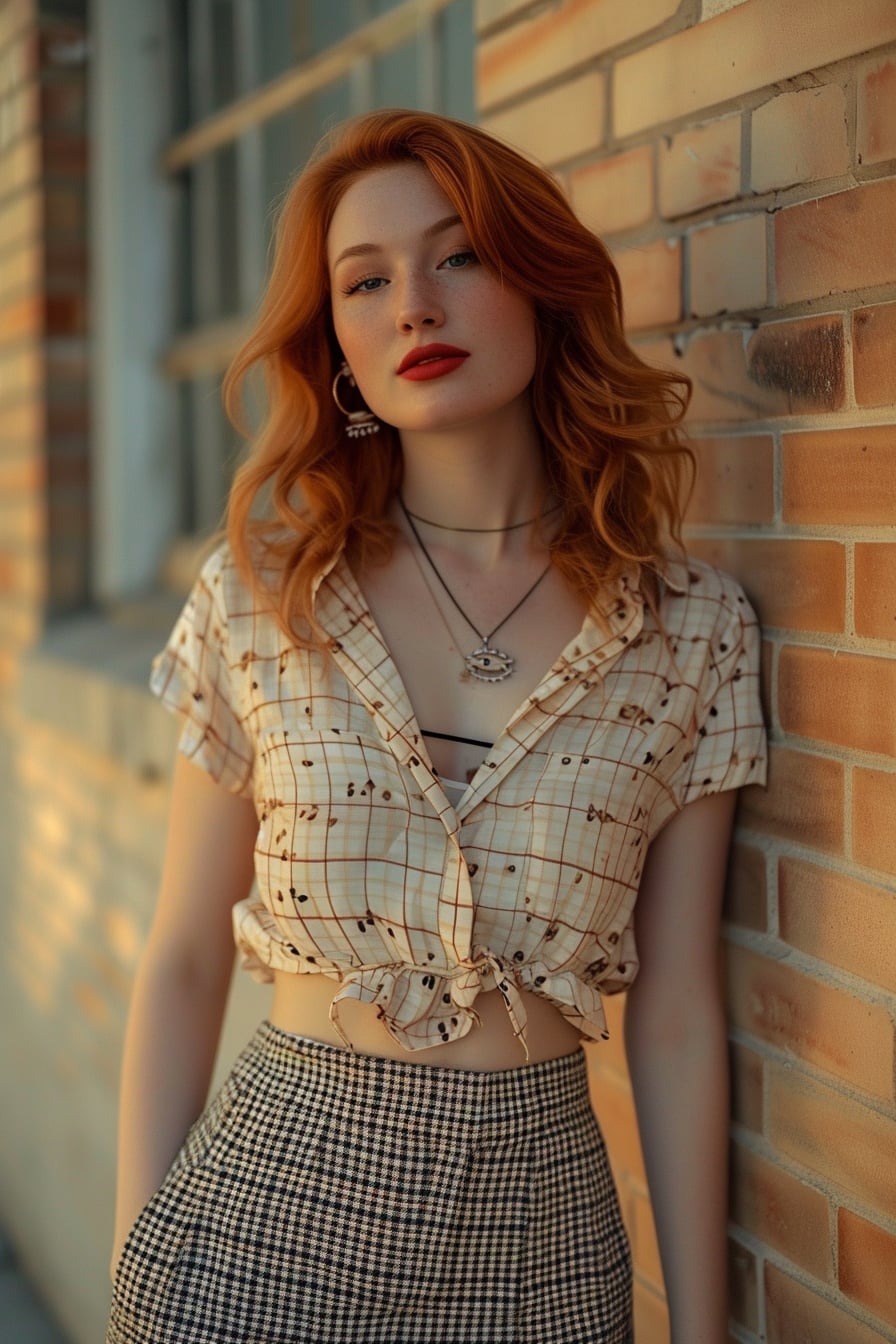  A young woman with wavy red hair, wearing a leopard print blouse and a checkered skirt, standing against a brick wall, soft evening light.