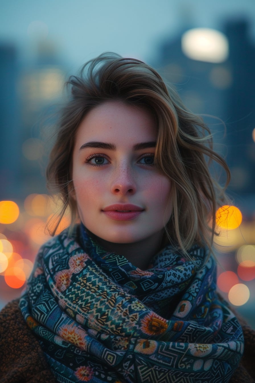 A close-up image of a young woman with light brown hair, wearing a geometric print scarf and holding a floral print clutch, blurred city background, twilight.