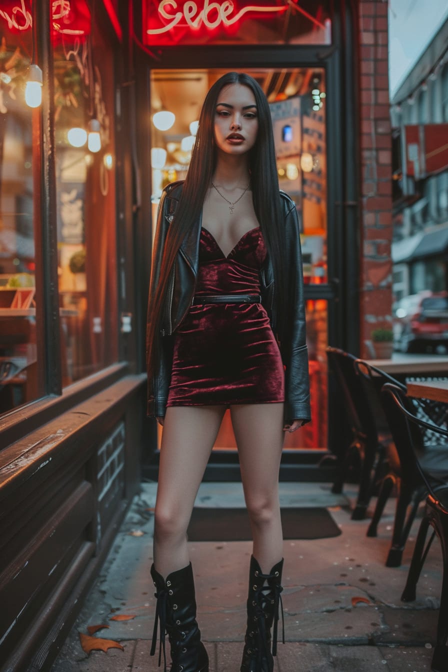 A full-length image of a young woman with long, straight black hair, wearing black combat boots, a dark red velvet dress, and a black leather jacket. She's standing outside a trendy urban café, evening.