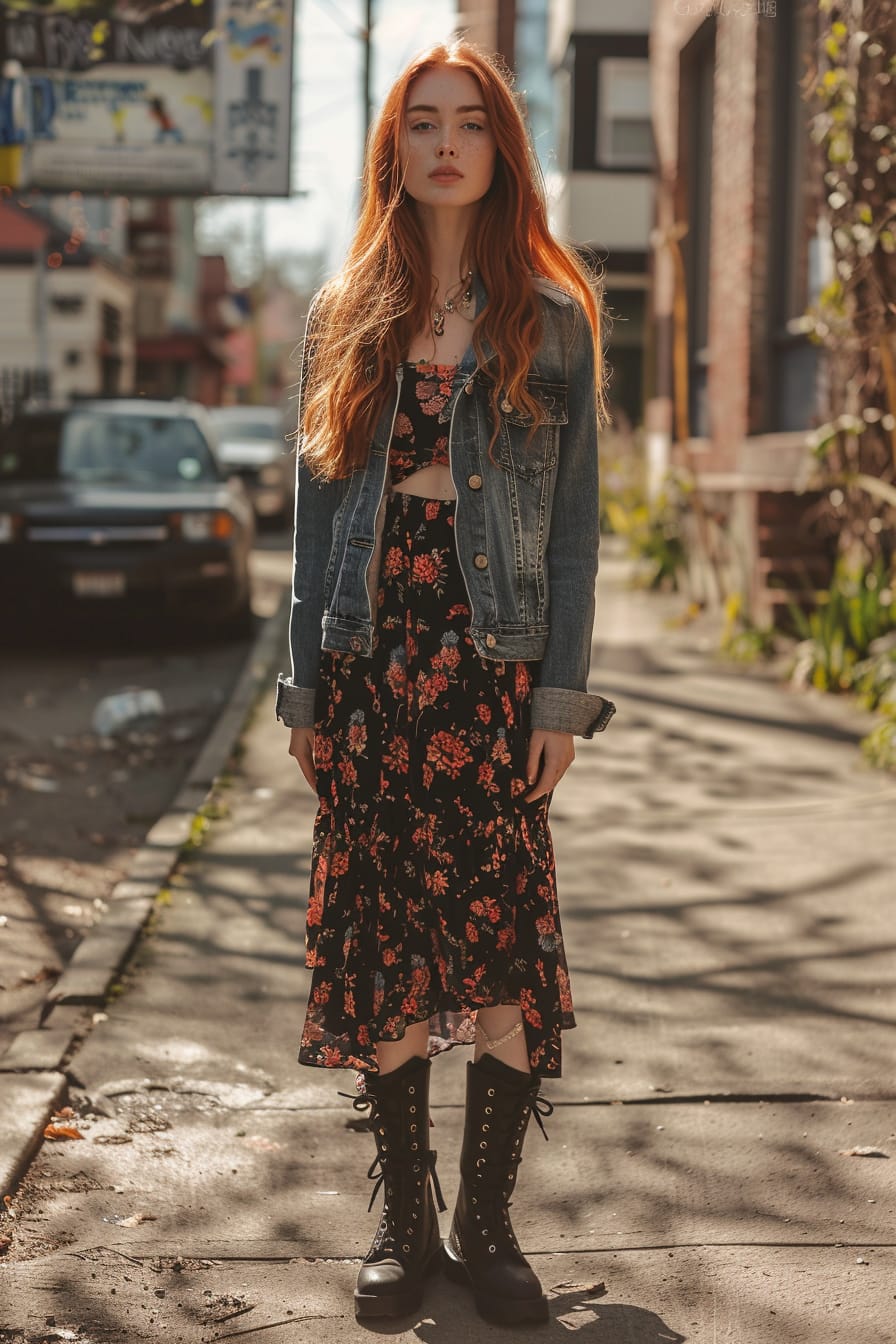  A full-length image of a young woman with long red hair, wearing black combat boots, a floral maxi dress, and a denim jacket. She's standing in a sunny urban square, midday.