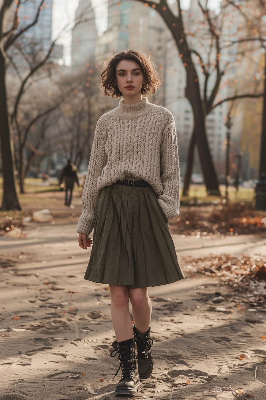  A full-length image of a young woman with short, curly hair, wearing black combat boots, a mid-length olive green skirt, and a beige knitted sweater. She's walking through a city park, early morning.