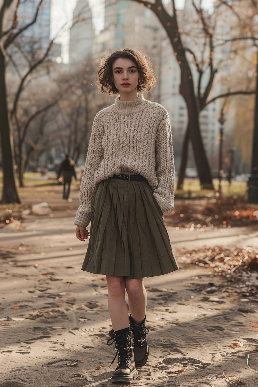 A full-length image of a young woman with short, curly hair, wearing black combat boots, a mid-length olive green skirt, and a beige knitted sweater. She's walking through a city park, early morning.