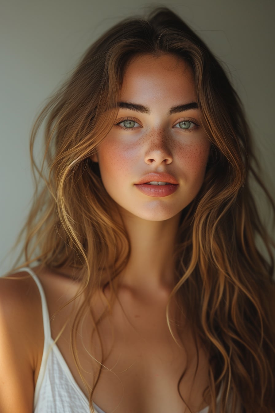 A young woman with a gentle smile, wearing light, natural makeup highlighting her features, her hair styled in loose, effortless waves, against a backdrop of soft, diffused lighting.