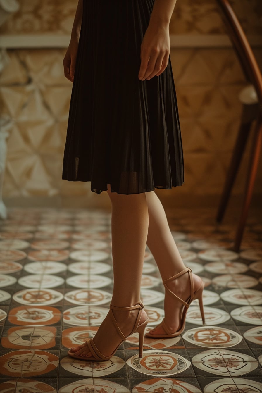  A young woman standing on a patterned tile floor, wearing elegant, strappy high heels in a soft blush color, the hem of a dark, flowing skirt just visible, warm indoor lighting.