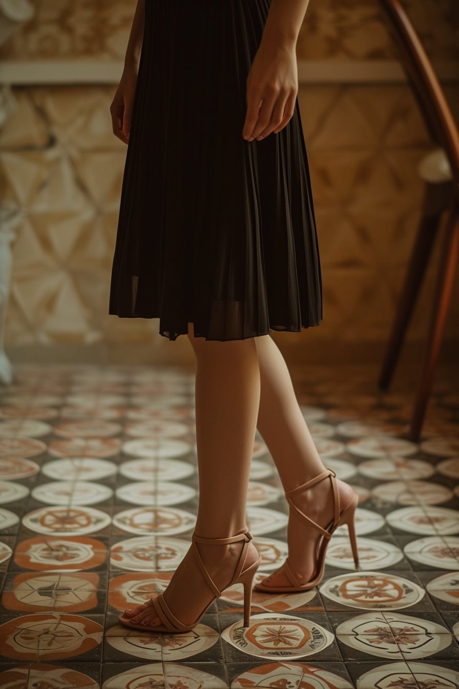 A young woman standing on a patterned tile floor, wearing elegant, strappy high heels in a soft blush color, the hem of a dark, flowing skirt just visible, warm indoor lighting.
