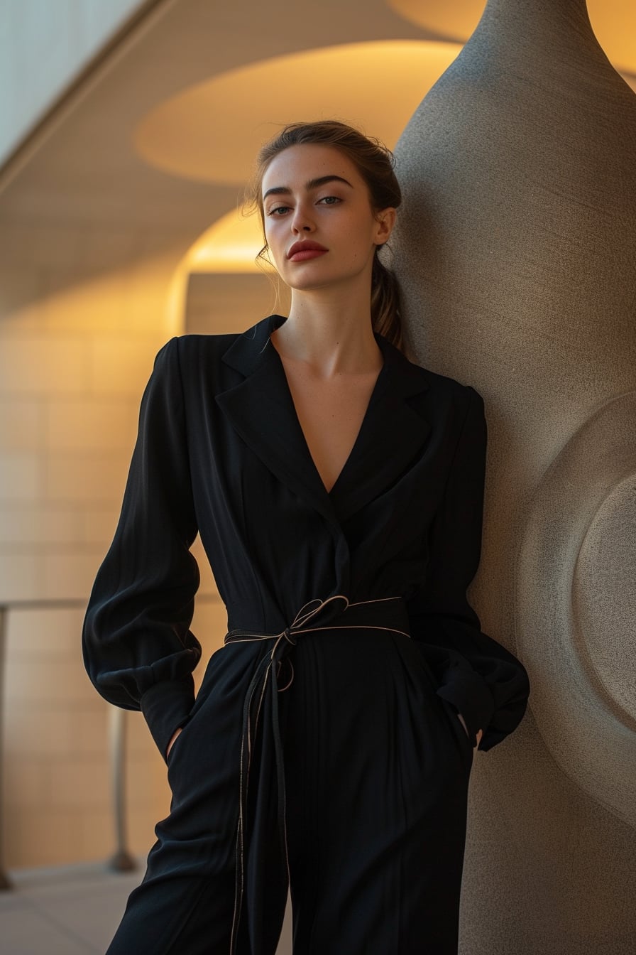 A young woman with a sleek ponytail, wearing a chic, tailored black jumpsuit with a delicate gold belt, leaning against a modern art sculpture, soft evening light.