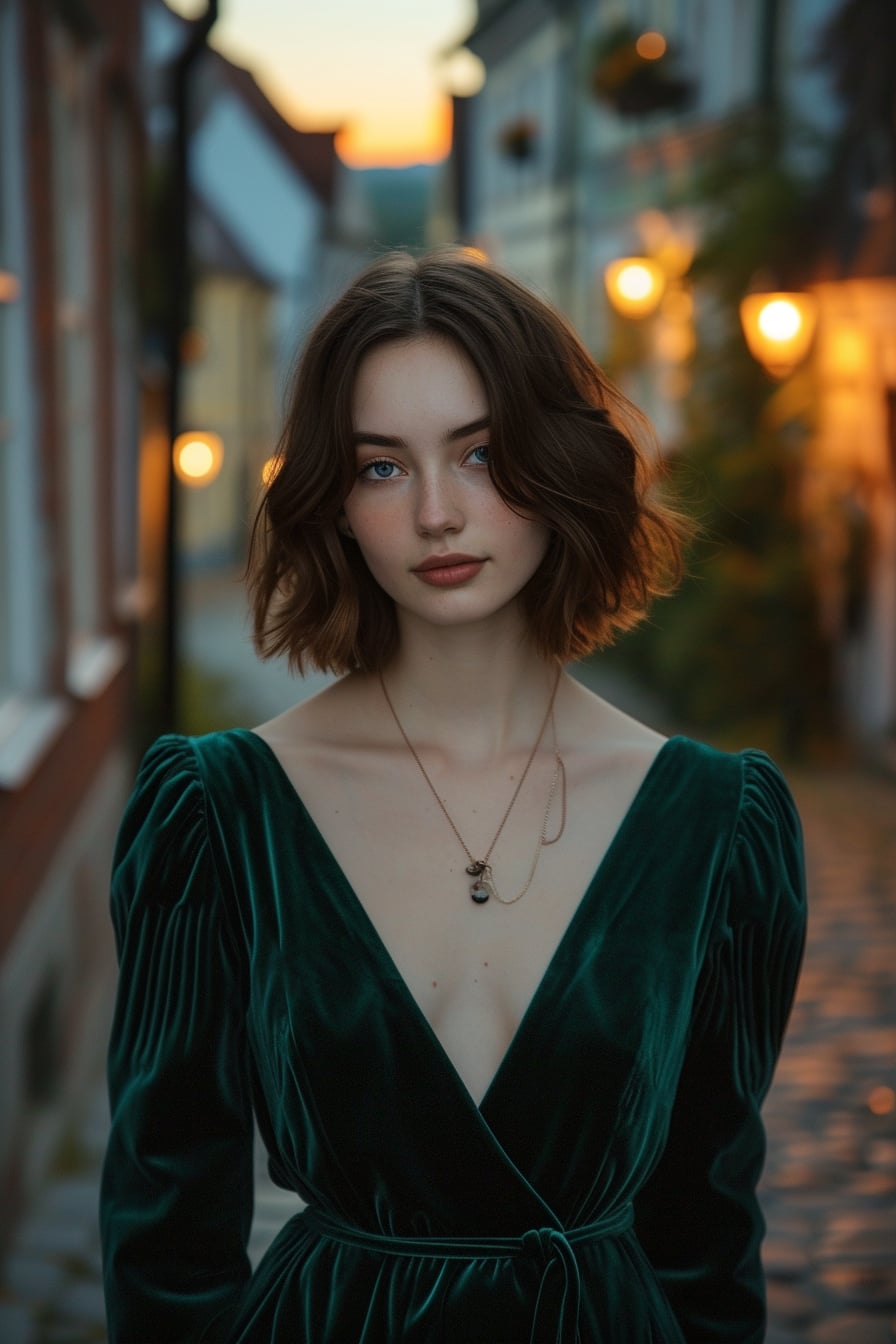  A full-length image of a young woman with soft, wavy hair, wearing a sleek, dark emerald green velvet dress, standing on a quaint cobblestone street, evening twilight.