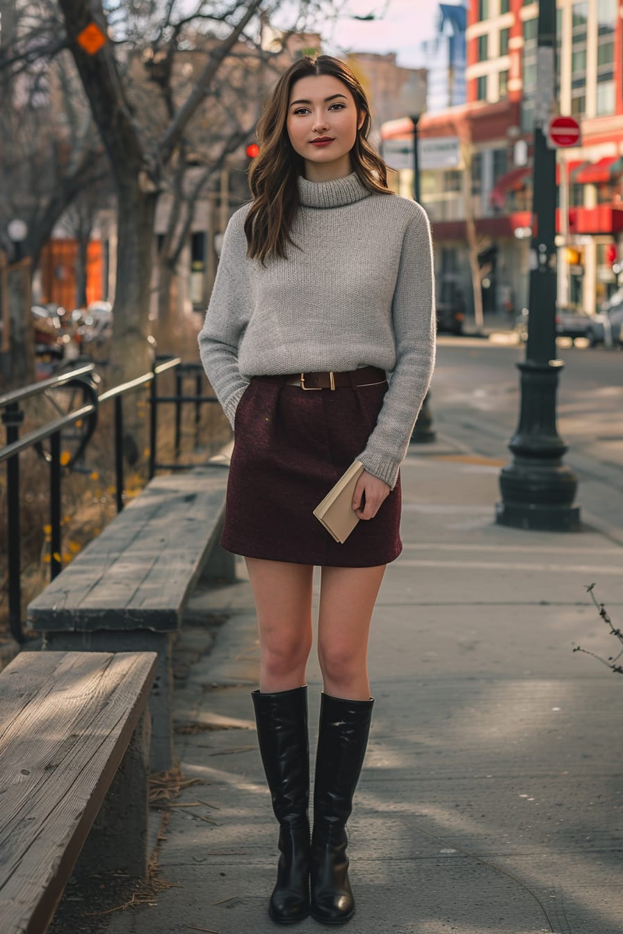  A full-length image of a young woman with medium-length brunette hair, wearing a light grey sweater, maroon midi skirt, and black knee-high boots. She's standing near a city bench, holding a book, late afternoon.