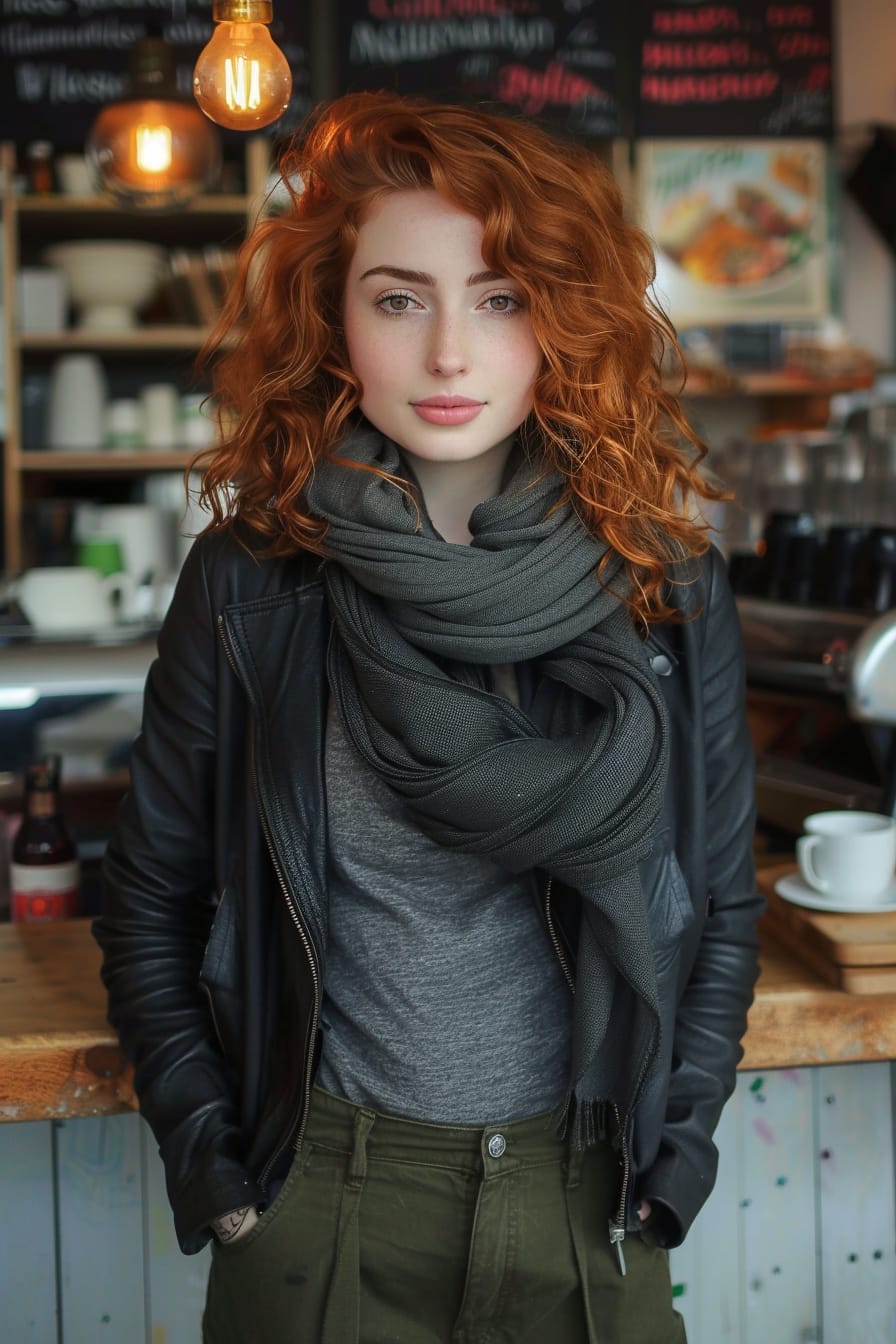  A full-length image of a young woman with curly red hair, wearing a black leather jacket, grey scarf, and olive green trousers. She's standing in front of a coffee shop, city background, late afternoon.
