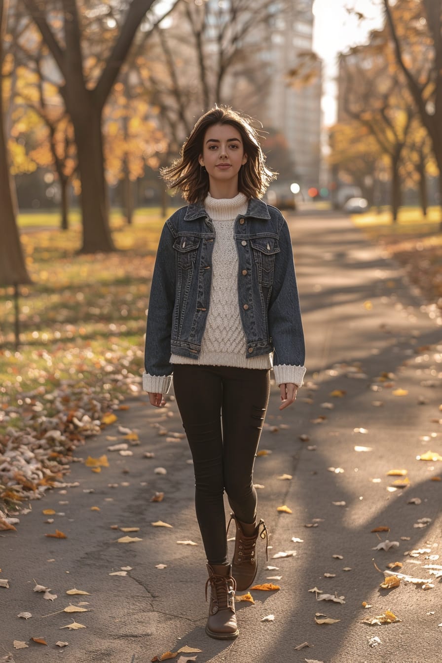  A full-length image of a young woman with dark hair, wearing a white thin knit sweater, dark denim jacket, black leggings, and brown ankle boots. She's walking through a city park, mid-morning.