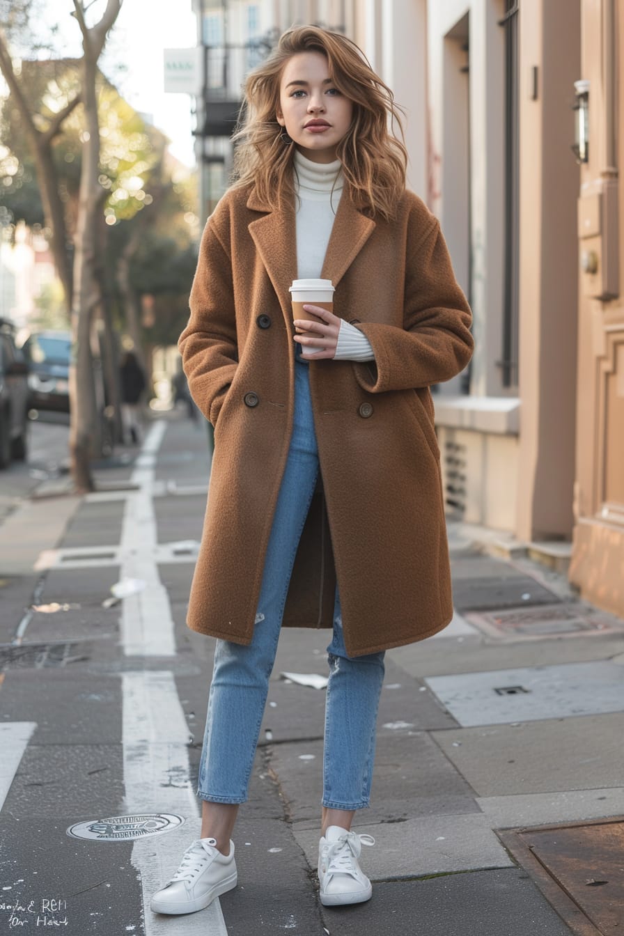  A full-length image of a young woman with light brown hair, wearing a camel wool coat, light blue jeans, and white sneakers. She's holding a coffee cup, with a city street in the background, early morning.