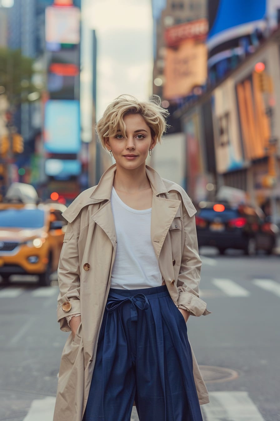  A full-length image of a young woman with short blonde hair, wearing a beige trench coat, white t-shirt, and navy blue culottes. She's crossing a busy city intersection, midday.