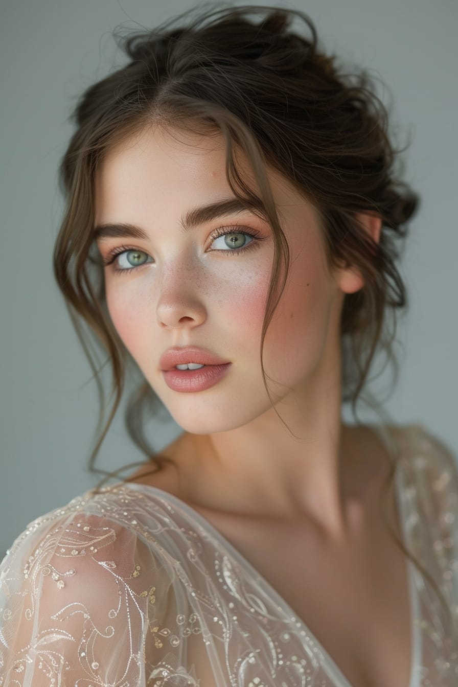  A young woman with a soft updo and glowing makeup, wearing a subtle, shimmering cocktail dress, in a portrait with a focus on her face, soft lighting.