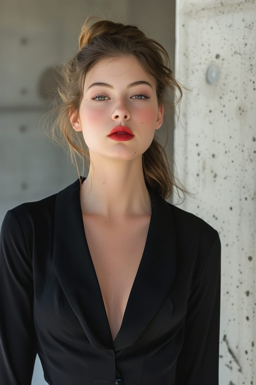  A young woman with a sleek ponytail, wearing a black, tailored jumpsuit with a plunging neckline, against a modern, minimalistic background, late afternoon.