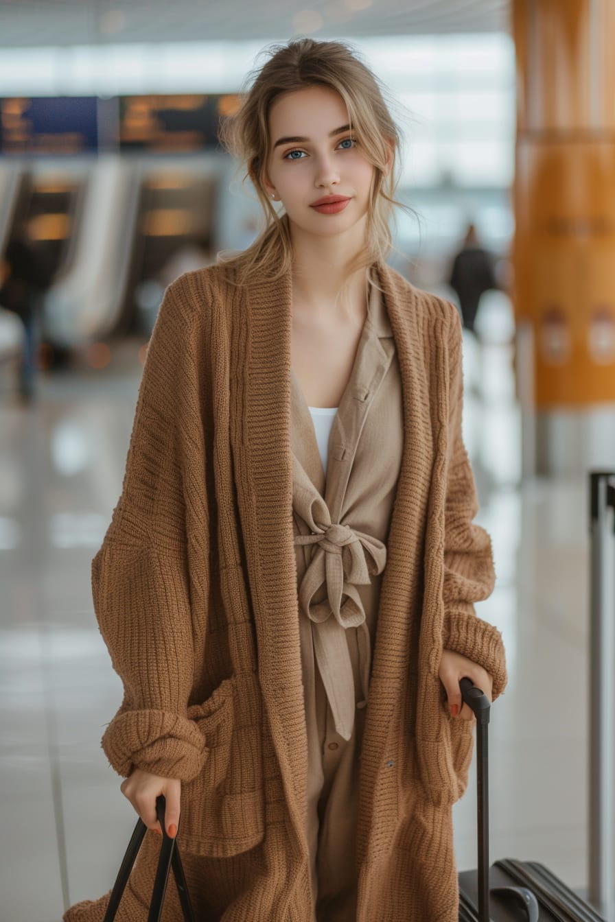 A young woman with her hair in a low ponytail, standing in an airport terminal, early morning, wearing a camel coatigan over a comfortable jumpsuit, rolling a suitcase beside her.