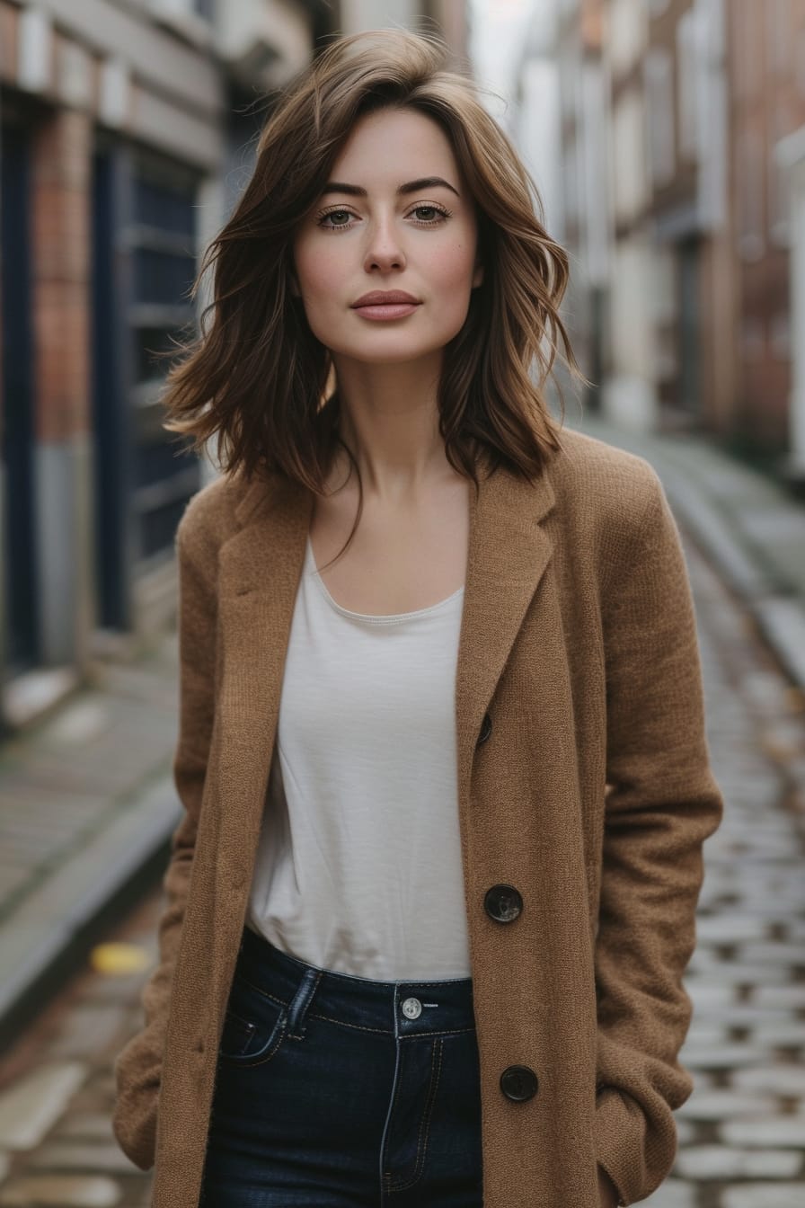  A young woman with shoulder-length brunette hair, standing in a quaint, cobblestone street at dusk, wearing a stylish camel coatigan over a simple white tee and dark denim jeans.