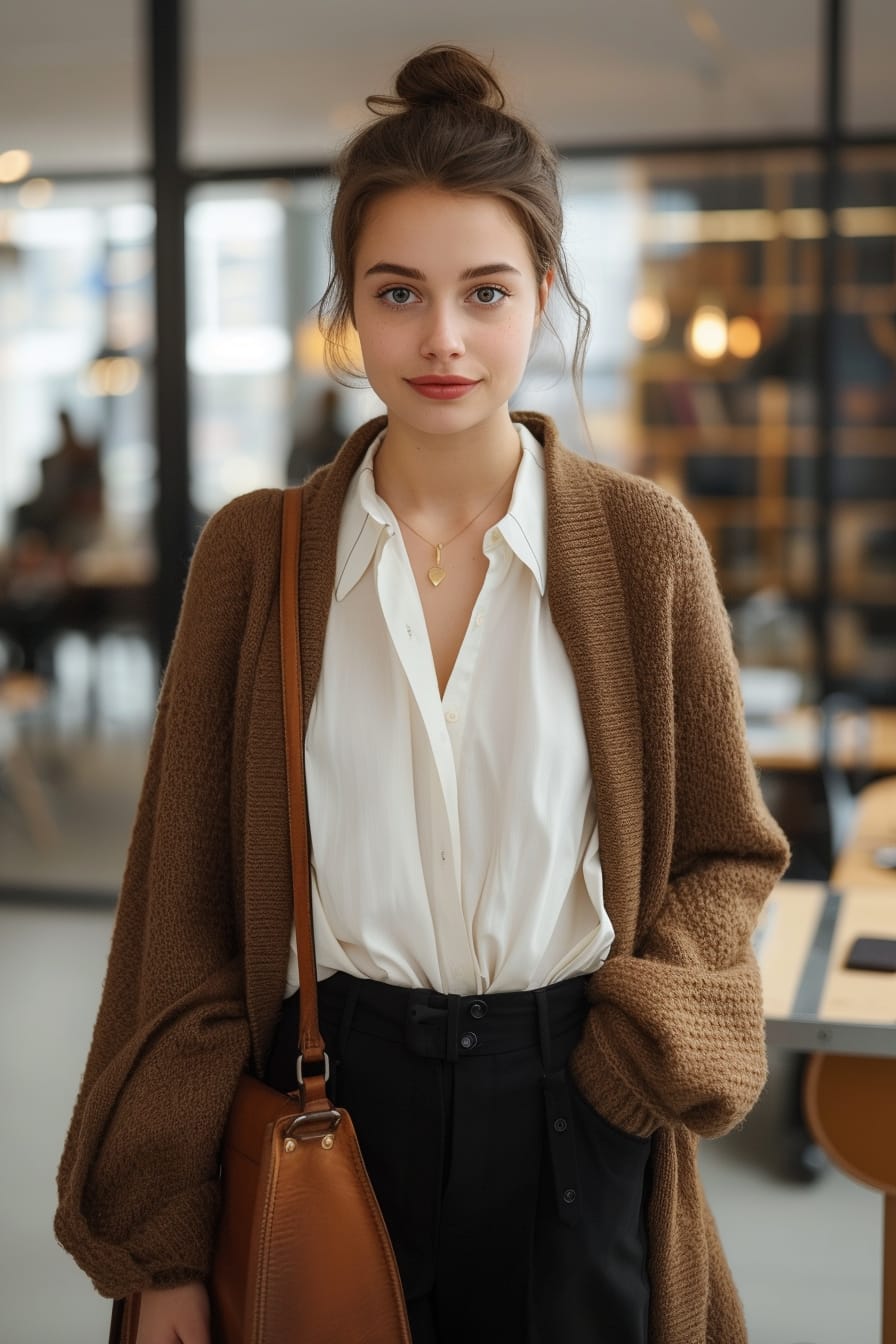 A young woman with her hair tied back in a neat bun, standing in a modern office environment, wearing a camel coatigan over a crisp white blouse and black trousers, holding a leather briefcase.