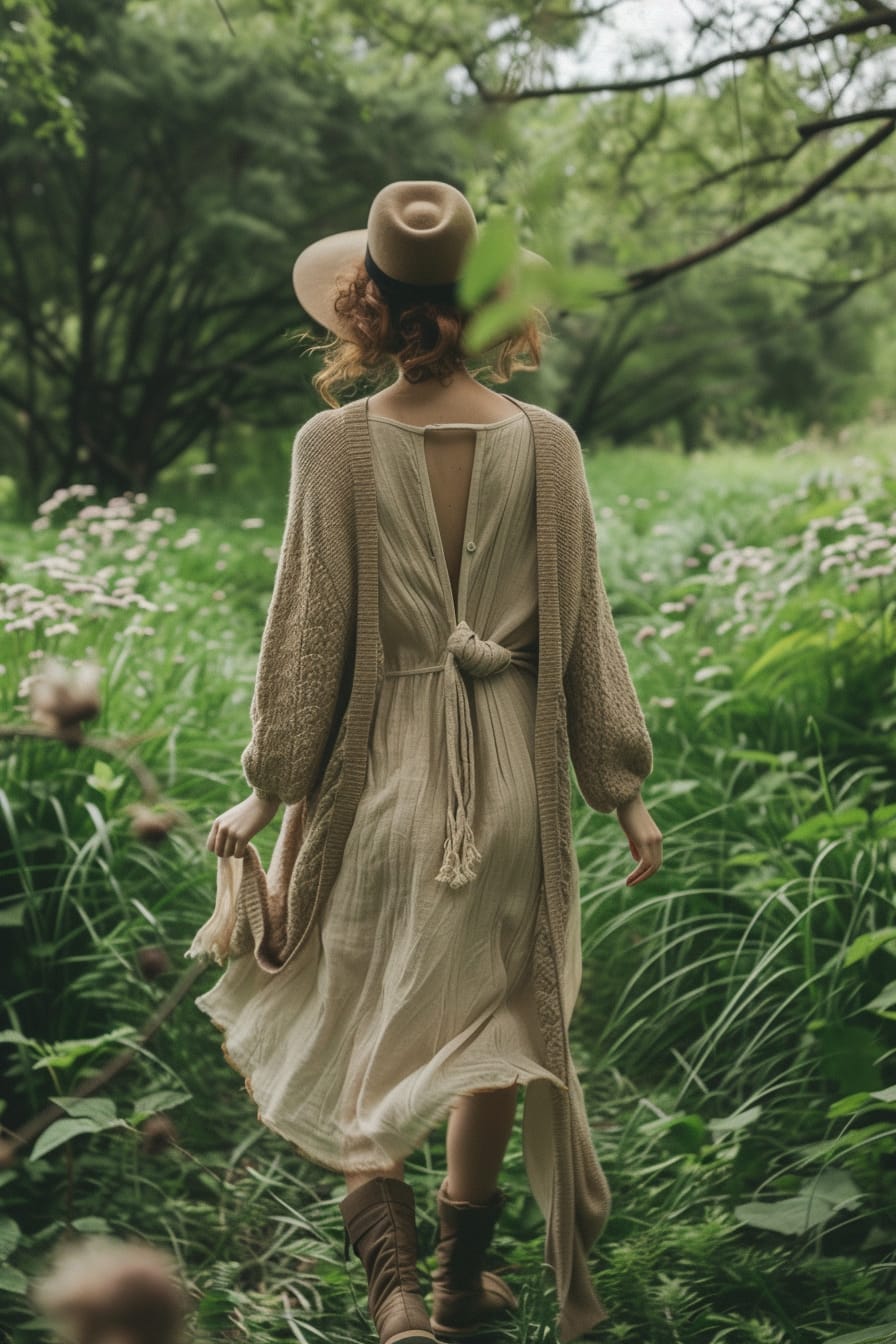  A young woman with a messy bun, walking through a lush, green park in the late afternoon, wearing a camel coatigan over a casual, flowy dress, paired with ankle boots and a wide-brimmed hat.