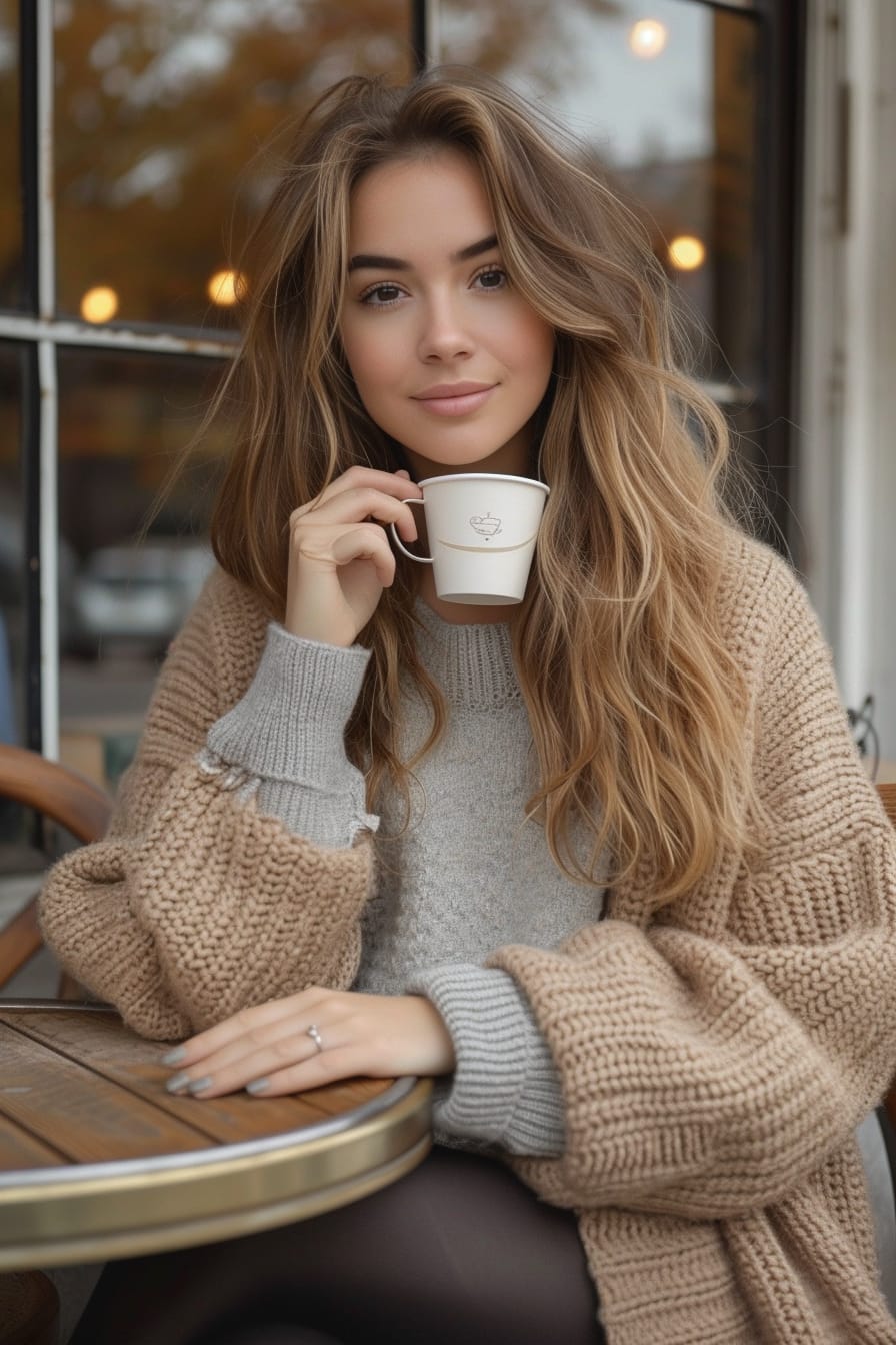  A young woman with loose, wavy hair, casually sitting at an outdoor café in the early morning, wearing a camel coatigan over a grey knit sweater and black leggings, sipping coffee.
