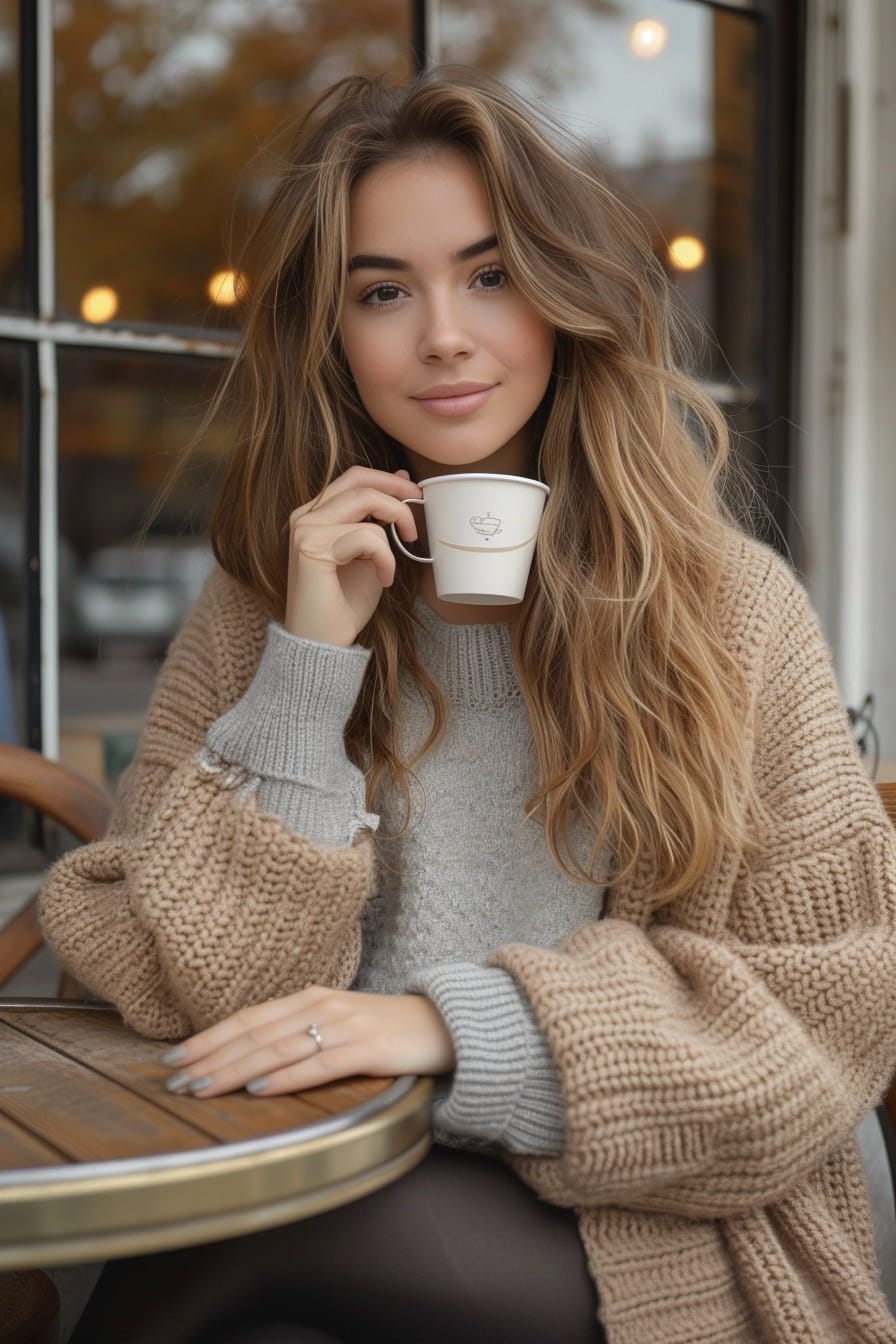 A young woman with loose, wavy hair, casually sitting at an outdoor café in the early morning, wearing a camel coatigan over a grey knit sweater and black leggings, sipping coffee.