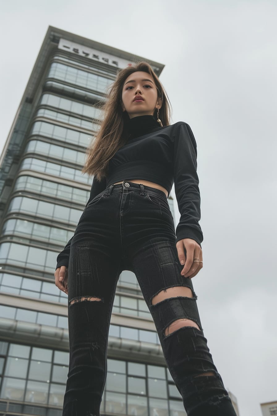  A full-length image of a young woman with a sleek ponytail, wearing black ripped skinny jeans and black leather heeled ankle boots, standing in front of a modern office building, overcast day.