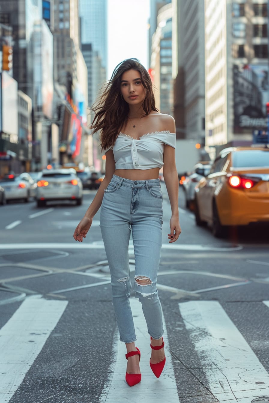  A full-length image of a young woman with medium-length dark hair, wearing light-wash cropped jeans and red ankle strap heels, walking across a zebra crossing in a busy city, midday.