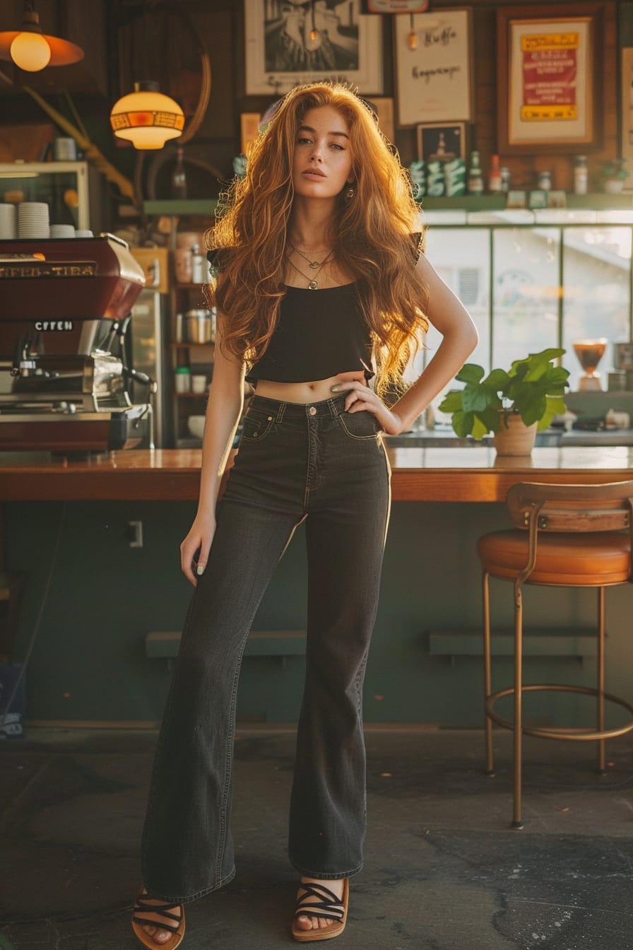  A full-length image of a young woman with long, curly red hair, wearing dark wash, high-rise flare jeans and wooden platform heels, standing in front of a vintage coffee shop, sunset.