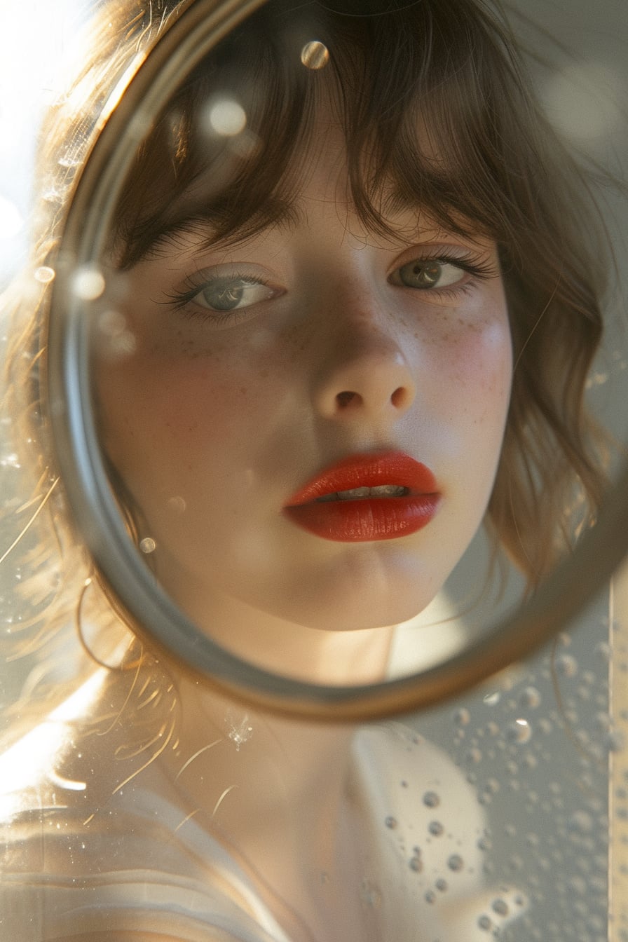  A young woman with soft makeup, featuring a bold red lip, her reflection visible in a small, handheld mirror, natural daylight streaming through a nearby window.