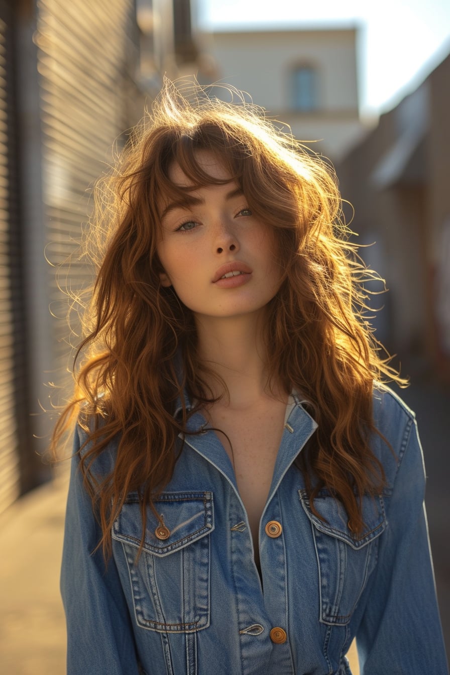  A young woman with wavy chestnut hair, wearing a chic denim jumpsuit, standing in a sunlit urban alley, morning.