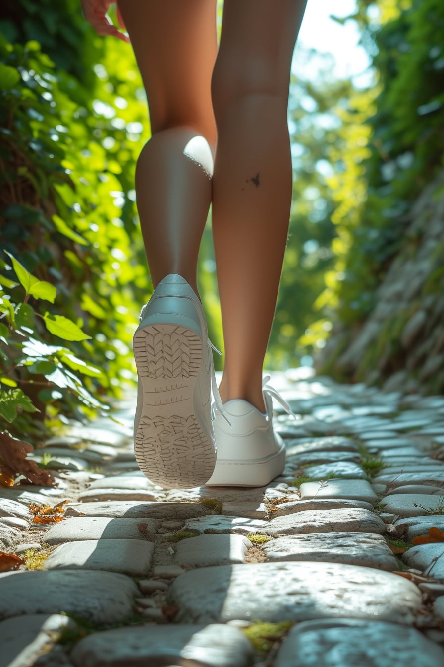  A young woman wearing white, chunky sneakers, the focus on her feet as she walks on a cobblestone path, surrounded by greenery, late afternoon sunlight.