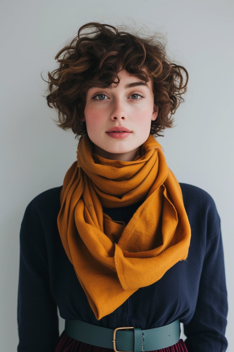  A young woman with short, curly hair, wearing a mustard scarf, navy dress, teal belt, and burgundy skirt, against a light grey background, morning.