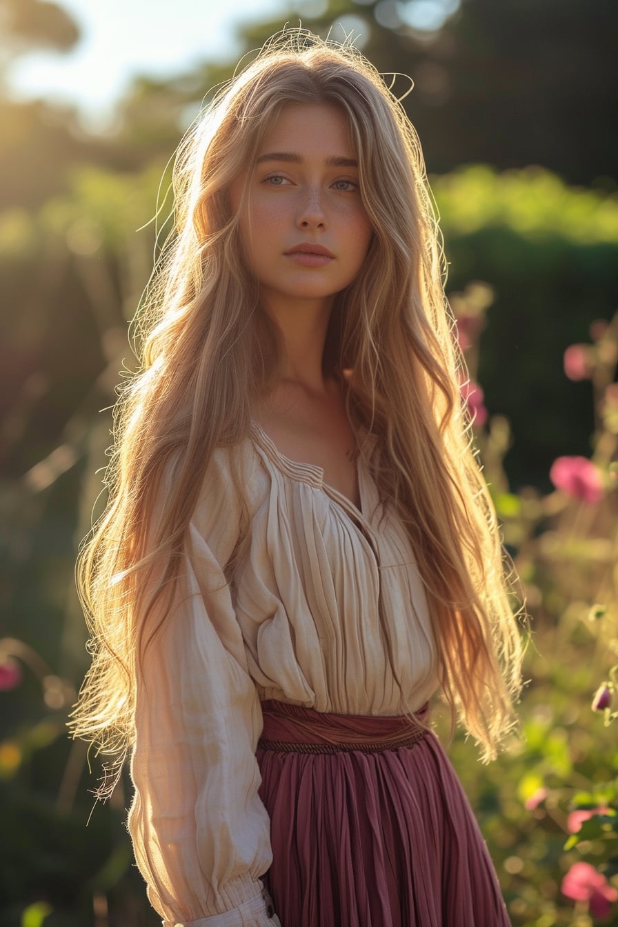 A young woman with long blonde hair, wearing a pale pink blouse, deep rose skirt, standing in a sunlit garden, morning.