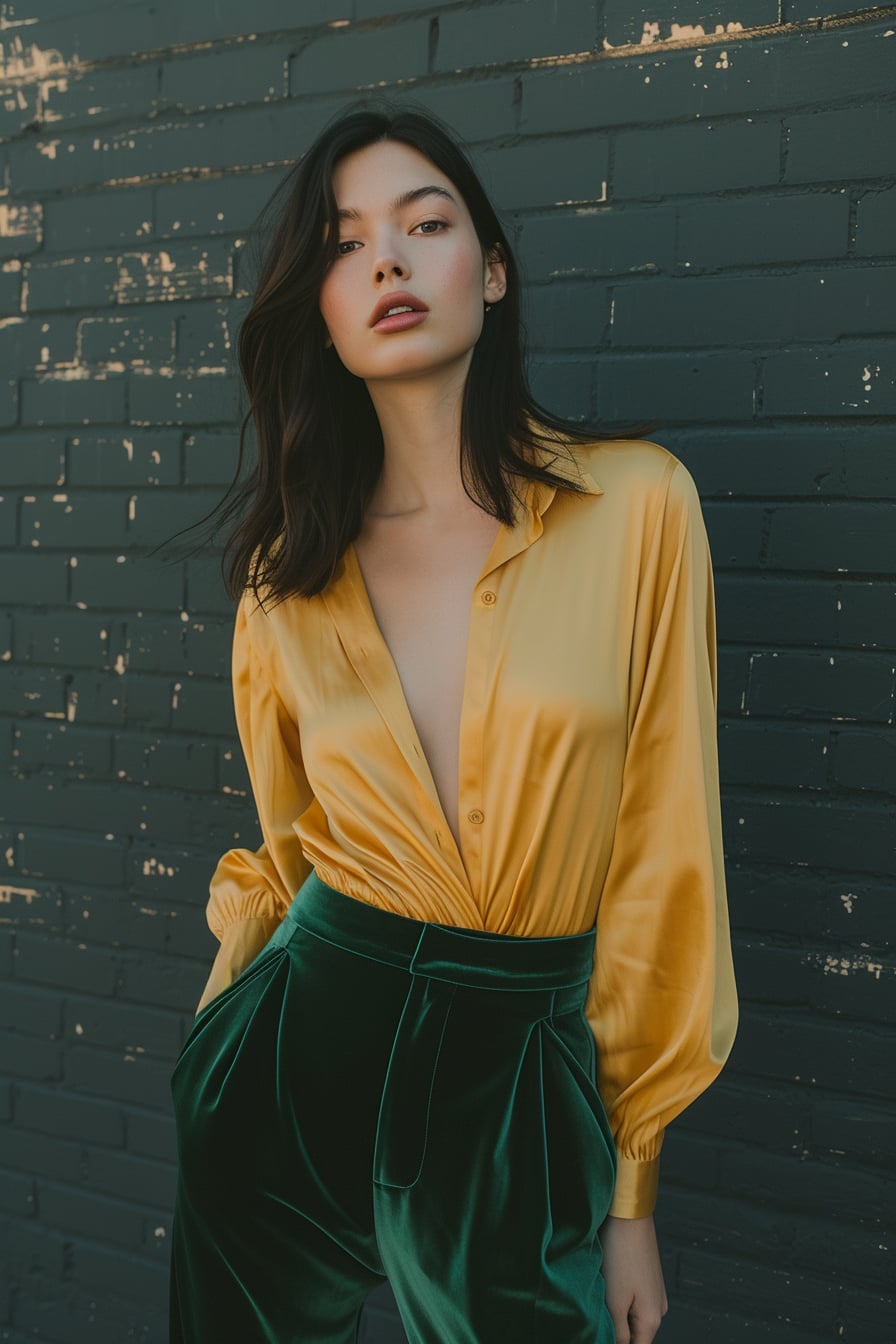  A young woman with sleek black hair, wearing satin emerald pants, a matte lemon blouse, against an urban brick wall background, late afternoon.