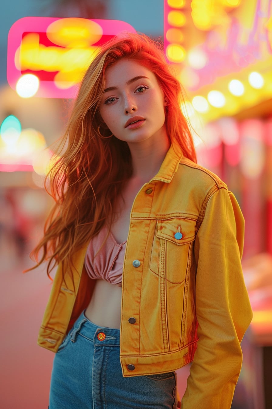  A radiant young woman with flowing red hair, wearing a bright yellow jacket, electric blue jeans, against a vibrant city street background, evening.